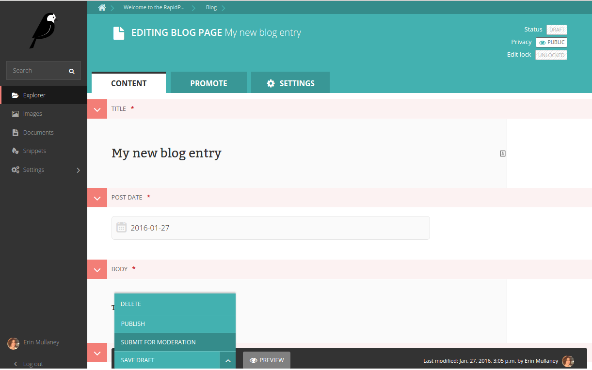 Wagtail interface where moderators can review, edit, save and publish posts