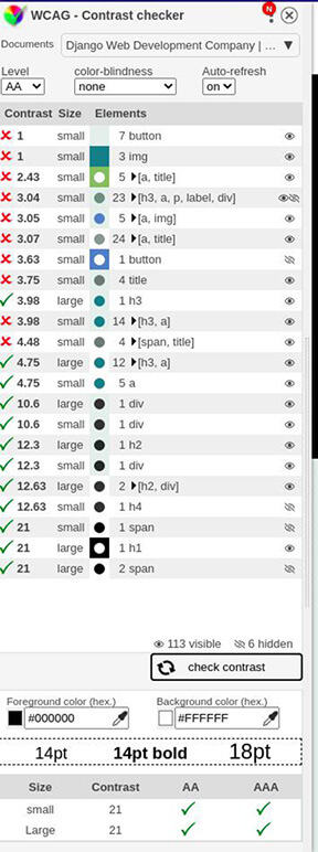 Screenshot of WCAG color contrast checker tool